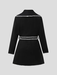 Teen Girl Long Sleeve Fleece Fall Clothes Autumn/Winter Fashion Contrast Trim Overcoat, Holiday Outfits, Casual - Black - View 6