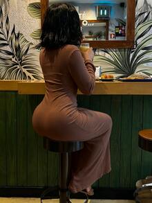 INAWLY Solva Elegant Sexy Solid Color Deep V-Neck Slim Fit Dress - Coffee Brown - View 4