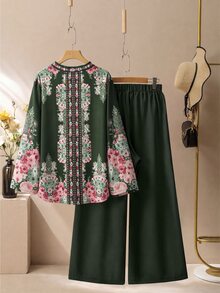Lacomfia 女款圖案印花上衣與純色寬腿褲休閒日常極簡大尺碼兩件套 - 綠色 - 查看 2