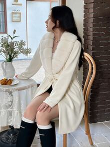 SHEIN Teen Girls Long Sleeve Fleece Fall Clothes Autumn/Winter Fashion Versatile Fur Collar Overcoat, Holiday Outfits - White - View 4