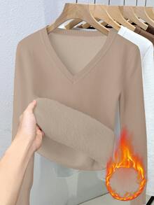 Franclia Women's Casual Solid Color V-Neck Long Sleeve Pullover Sweater With Thermal Lined, Autumn/Winter - Khaki - View 4