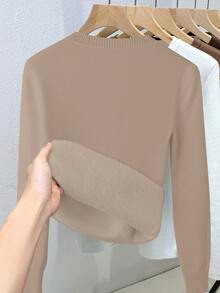 Franclia Women's Casual Solid Color V-Neck Long Sleeve Pullover Sweater With Thermal Lined, Autumn/Winter - Khaki - View 2