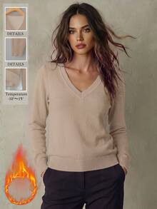 Franclia Women's Casual Solid Color V-Neck Long Sleeve Pullover Sweater With Thermal Lined, Autumn/Winter - Khaki - View 1