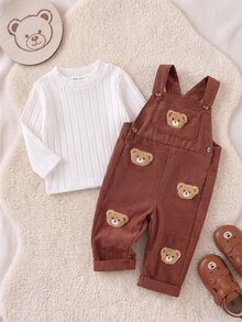 SHEIN Playful Pals 女嬰純色毛絨羅紋長袖套頭上衣與可愛熊刺繡貼布裝飾無袖吊帶長褲套裝，適合秋冬休閒外出與百搭穿著 - 棕色 - 查看 2