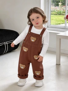 SHEIN Playful Pals 女嬰純色毛絨羅紋長袖套頭上衣與可愛熊刺繡貼布裝飾無袖吊帶長褲套裝，適合秋冬休閒外出與百搭穿著 - 棕色 - 查看 8
