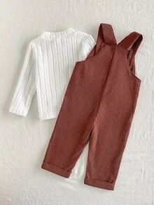 SHEIN Playful Pals 女嬰純色毛絨羅紋長袖套頭上衣與可愛熊刺繡貼布裝飾無袖吊帶長褲套裝，適合秋冬休閒外出與百搭穿著 - 棕色 - 查看 3