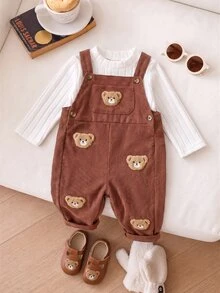SHEIN Playful Pals 女嬰純色毛絨羅紋長袖套頭上衣與可愛熊刺繡貼布裝飾無袖吊帶長褲套裝，適合秋冬休閒外出與百搭穿著 - 棕色 - 查看 5