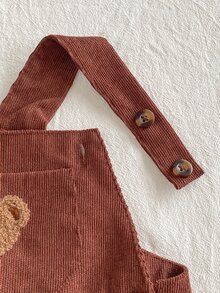 SHEIN Playful Pals 女嬰純色毛絨羅紋長袖套頭上衣與可愛熊刺繡貼布裝飾無袖吊帶長褲套裝，適合秋冬休閒外出與百搭穿著 - 棕色 - 查看 7