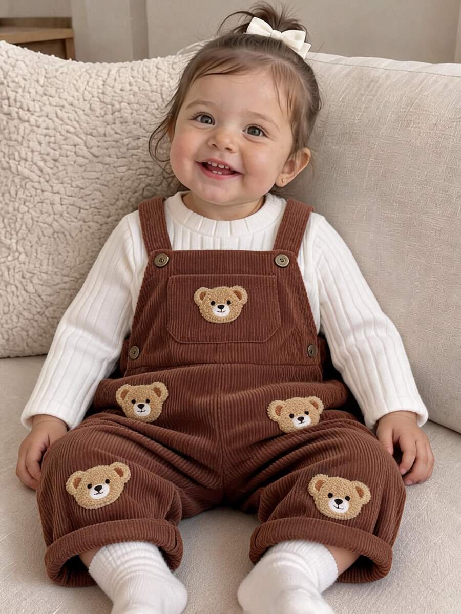 SHEIN Playful Pals 女嬰純色毛絨羅紋長袖套頭上衣與可愛熊刺繡貼布裝飾無袖吊帶長褲套裝,適合秋冬休閒外出與百搭穿著 - 棕色 - 查看 1