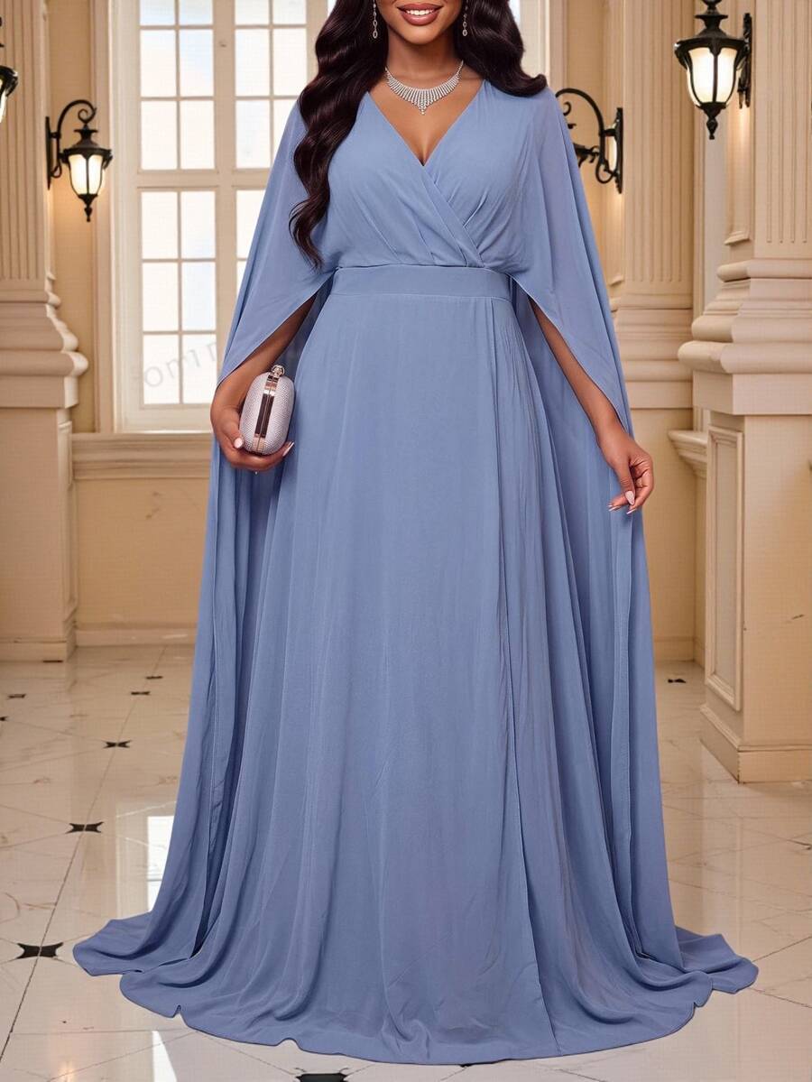 Fleurora Plus Size Women's Elegant Overlap V-Neck Split Hem Dress - Blue - View 1