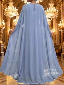 Fleurora Plus Size Women's Elegant Overlap V-Neck Split Hem Dress - Blue - View 2