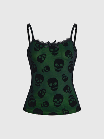 Goth Canotta da donna in maglia con pizzo a doppio strato, stile punk, colore verde fluorescente a contrasto con motivo teschio