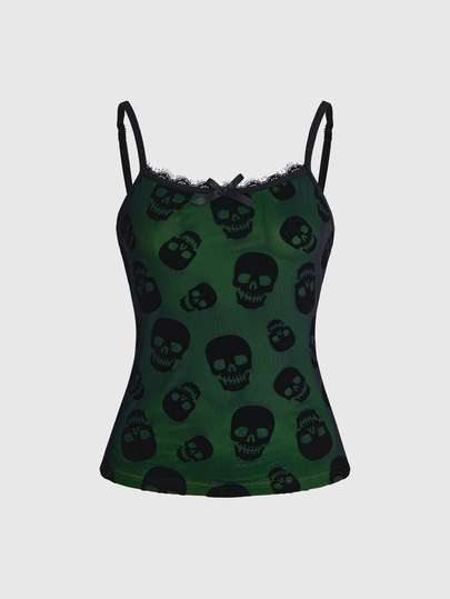 Goth Débardeur femme en maille dentelle crâne, double couche, style punk, vert fluorescent et couleur contrastée