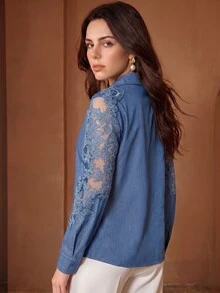 Anewsta Women's Fall/Winter Casual Light Blue Lace Button Front Shirt For Business Office - Blue - View 2