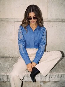 Anewsta Women's Fall/Winter Casual Light Blue Lace Button Front Shirt For Business Office - Blue - View 3