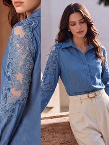 Anewsta Women's Fall/Winter Casual Light Blue Lace Button Front Shirt For Business Office - Blue - View 7