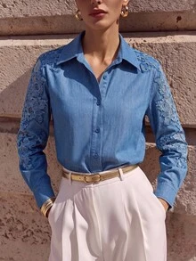Anewsta Women's Fall/Winter Casual Light Blue Lace Button Front Shirt For Business Office - Blue - View 6