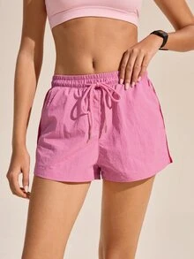 SHEIN Sports Women's Summer Minimalist Solid Color Drawstring Waist Slanted Pocket Outdoor Shorts - Pink - View 6