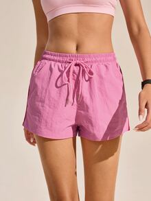 SHEIN Sports Women's Summer Minimalist Solid Color Drawstring Waist Slanted Pocket Outdoor Shorts - Pink - View 2