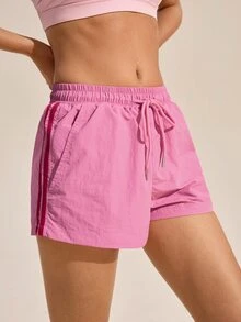SHEIN Sports Women's Summer Minimalist Solid Color Drawstring Waist Slanted Pocket Outdoor Shorts - Pink - View 5