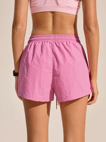 SHEIN Sports Women's Summer Minimalist Solid Color Drawstring Waist Slanted Pocket Outdoor Shorts - Pink - View 8