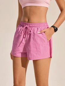 SHEIN Sports Women's Summer Minimalist Solid Color Drawstring Waist Slanted Pocket Outdoor Shorts - Pink - View 4