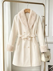 SHEIN Teenager Long Sleeve Double-Breasted Elegant Katseye Streetwear Coat, Fleece, Autumn Clothes, 3D Tailored Design, Sophisticated, White, Work - Apricot - View 9