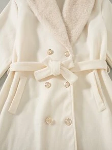 SHEIN Teenager Long Sleeve Double-Breasted Elegant Katseye Streetwear Coat, Fleece, Autumn Clothes, 3D Tailored Design, Sophisticated, White, Work - Apricot - View 3