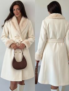 SHEIN Teenager Long Sleeve Double-Breasted Elegant Katseye Streetwear Coat, Fleece, Autumn Clothes, 3D Tailored Design, Sophisticated, White, Work - Apricot - View 10