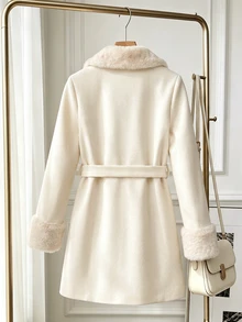 SHEIN Teenager Long Sleeve Double-Breasted Elegant Katseye Streetwear Coat, Fleece, Autumn Clothes, 3D Tailored Design, Sophisticated, White, Work - Apricot - View 2