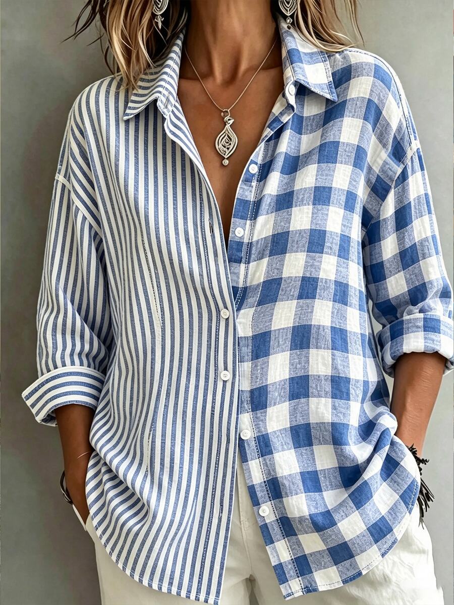 Selamara Women's Loose Plaid & Striped Patchwork Single-Breasted Long Sleeve Shirt - Multicolor - View 1