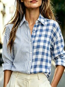 Selamara Women's Loose Plaid & Striped Patchwork Single-Breasted Long Sleeve Shirt - Multicolor - View 6