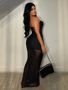 SHEIN SXY 纯色无肩带无袖性感网纱透视连衣裙 - 黑色 - 查看 2