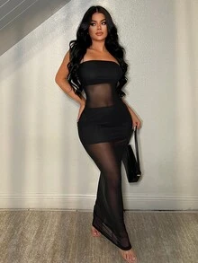 SHEIN SXY 纯色无肩带无袖性感网纱透视连衣裙 - 黑色 - 查看 3