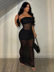 SHEIN SXY 纯色无肩带无袖性感网纱透视连衣裙 - 黑色 - 查看 6