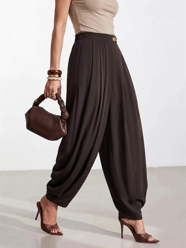 Zivah Dark Brown Draped Asymmetrical Wide Leg Pants, Asymmetrical Drop Crotch Wide Leg Structure, Women's Suit Pants, Draped Stacked Silhouette, Minimalist Smooth High Waist, Fashionable Elegant Casual