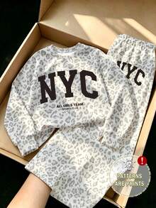 (1套) 青少年女孩秋季穿搭 NYC 灰色豹紋圓領長袖衛衣與寬腿長褲，休閒秋季街頭風服飾 - 彩色 - 查看 3