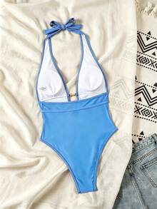 SHEIN Swim Springbreak Swim SXY 女款黑色深V掛脖性感一件式泳衣 節慶波希米亞風 - 藍色 - 查看 2