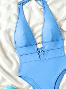 SHEIN Swim Springbreak Swim SXY 女款黑色深V掛脖性感一件式泳衣 節慶波希米亞風 - 藍色 - 查看 3