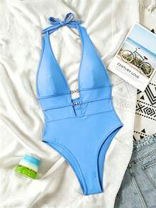 SHEIN Swim Springbreak Swim SXY 女款黑色深V掛脖性感一件式泳衣 節慶波希米亞風 - 藍色 - 查看 4
