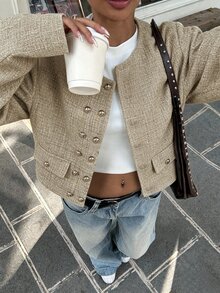 Struktiv Plaid Double Breasted Overcoat - Khaki - View 6