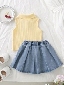 Genkimix Kids 女童櫻桃刺繡無袖 Polo 上衣牛仔裙 2 件套，夏季可愛休閒牛仔女郎西式甜美風，羅紋上衣 + 淺藍色裙 - 黃色 - 查看 3