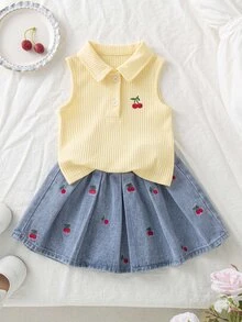 Genkimix Kids 女童櫻桃刺繡無袖 Polo 上衣牛仔裙 2 件套，夏季可愛休閒牛仔女郎西式甜美風，羅紋上衣 + 淺藍色裙 - 黃色 - 查看 4