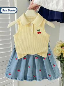 Genkimix Kids 女童櫻桃刺繡無袖 Polo 上衣牛仔裙 2 件套，夏季可愛休閒牛仔女郎西式甜美風，羅紋上衣 + 淺藍色裙 - 黃色 - 查看 2