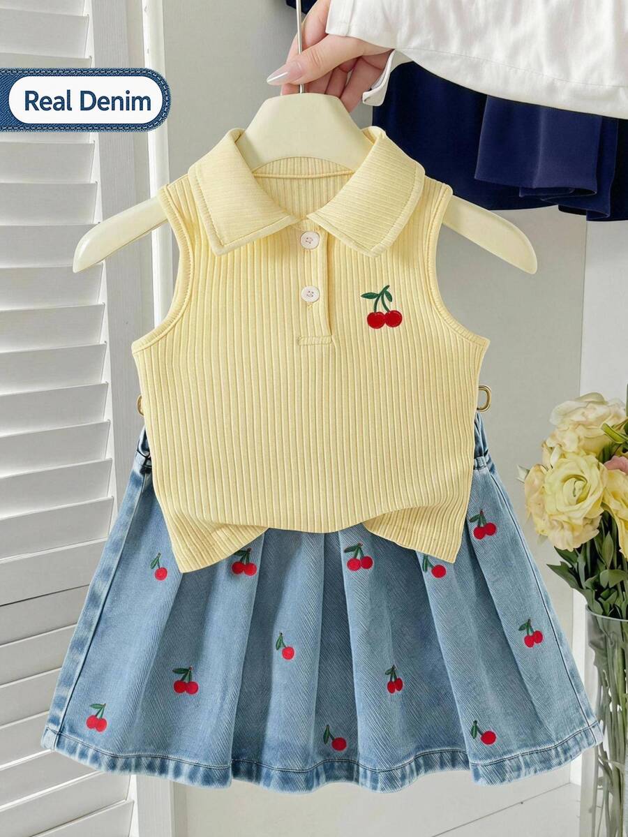 Genkimix Kids 女童櫻桃刺繡無袖 Polo 上衣牛仔裙 2 件套，夏季可愛休閒牛仔女郎西式甜美風，羅紋上衣 + 淺藍色裙