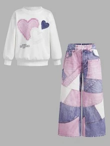 Young Girl Kids Heart Patch Iron-On Graphic Sweatshirt Set,  Streetwear Style Fashion Sports Set,Fall Style,  Autumn New Set,Back To School,Halloween - Pink - View 6