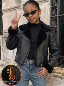 SHEIN 兒童青少年女孩冬季夾克休閒街頭時尚款 機車領 金屬拉鍊 PU內裡 複合抓絨 短版長袖翻領 - 黑色 - 查看 7