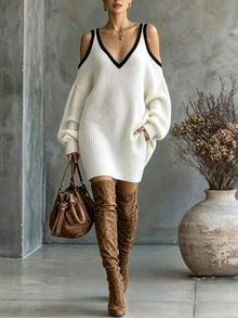SHEIN Fashionable Off-Shoulder Long Sleeve Women's Knitted Sweater Dress - White - View 8