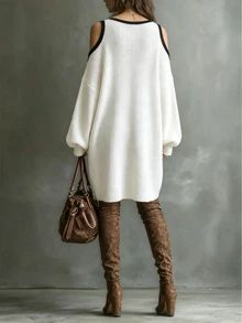 SHEIN Fashionable Off-Shoulder Long Sleeve Women's Knitted Sweater Dress - White - View 2