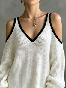 SHEIN Fashionable Off-Shoulder Long Sleeve Women's Knitted Sweater Dress - White - View 5